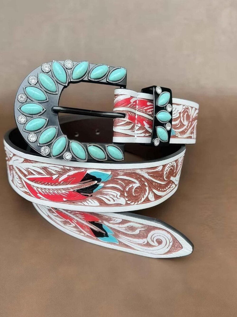 Turquoise Belt for Women, Brown Western Leather Belts for Women, Vintage Country - Picture 7 of 9